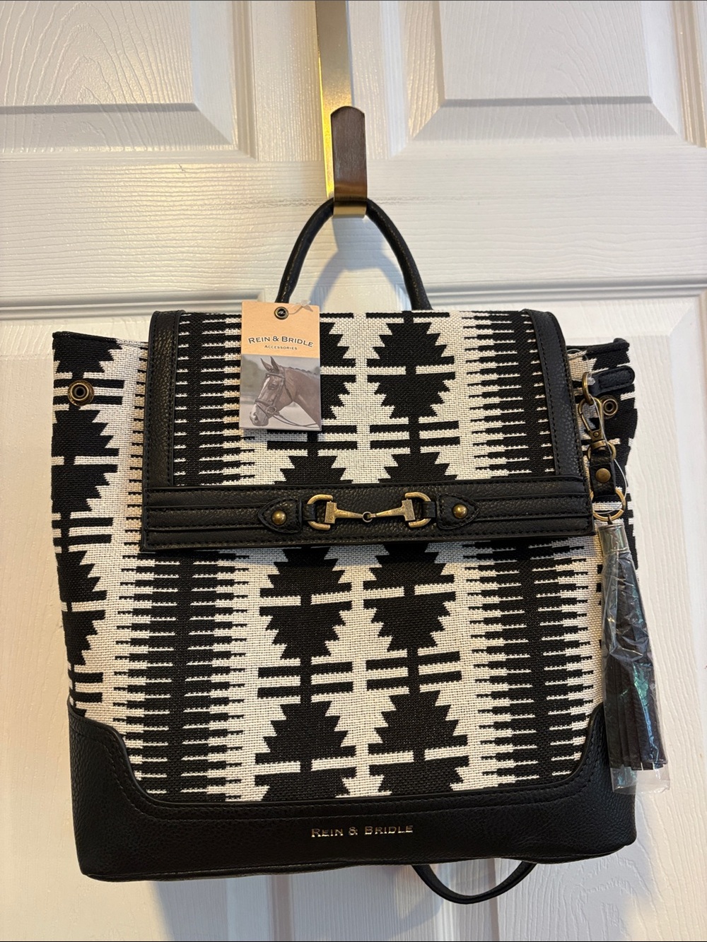 BNWT REIN & BRIDLE Black & White Aztec Backpack
